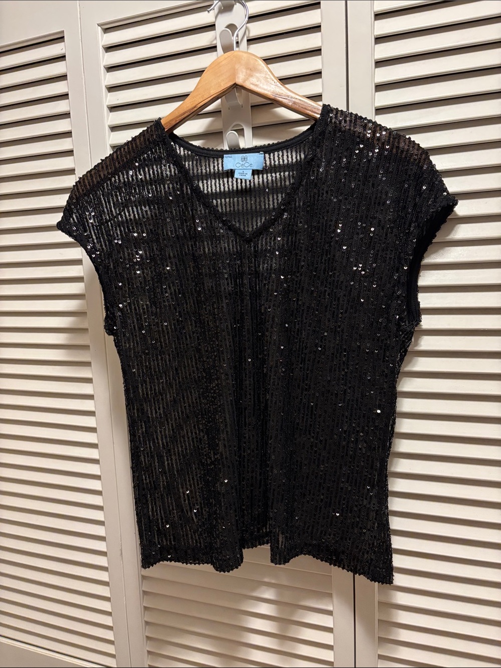 CeCe Sheer Black Sequined V-Neck Top